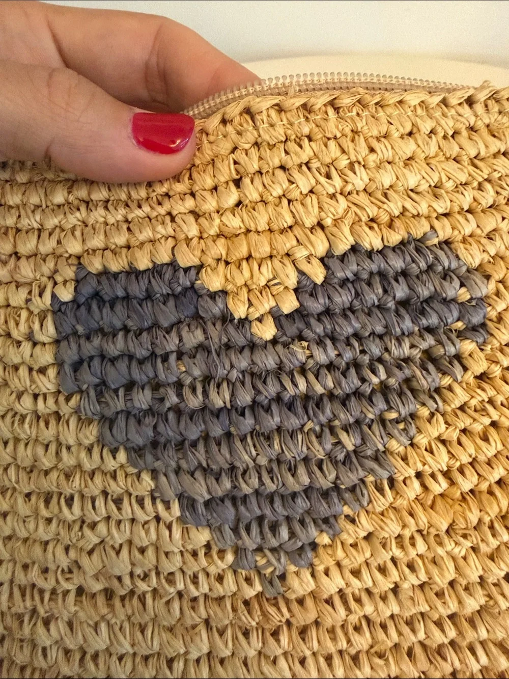 Aerin Natural Straw Cosmetic Pouch with Gray Heart